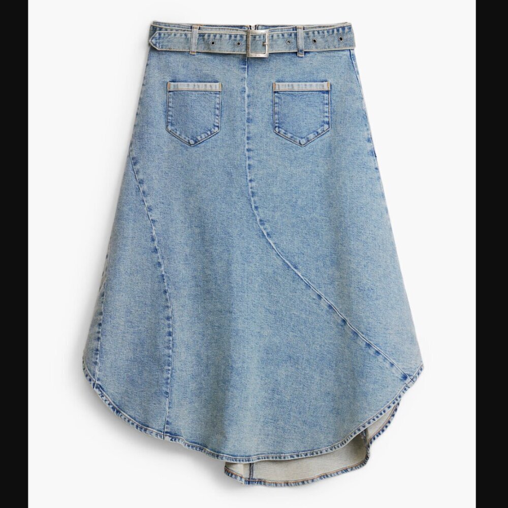 NWT DESIGUAL BLUE ASYMMETRIC FISHTAIL DENIM WESTERN BOHO BELTED MIDI SKIRT US S